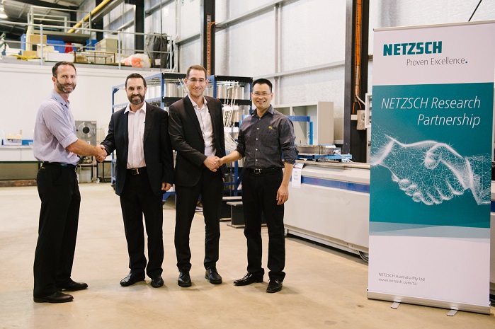 NETZSCH representatives recently visited USQ to commemorate the new partnership including (from left) USQ Centre for Future Materials Director Professor Peter Schubel, Managing Director NETZSCH Australia John Coles, ANZ Product Manager NETZSCH Analyzing and Testing Andrew Gillen and USQ Centre for Future Materials Manager Dr Xuesen Zeng. © USQ